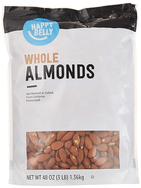 AMAZON BRAND – HAPPY BELLY WHOLE RAW ALMONDS, 48 OUNCE (PACK OF 1)