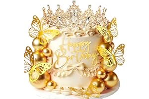 JeVenis Gold Crown Cake Topper Gold Balls Cake Decor Crown Birthday Gold Butterfly Sign for Birthday