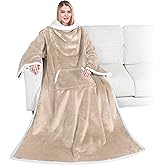 PAVILIA Sherpa Wearable Blanket with Sleeves and Pocket, Plush Thick Cozy Body Blanket Wrap for Adult Women Men, Christmas Gift for Wife Mom, Taupe Tan