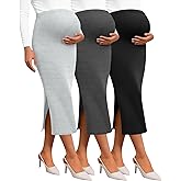 Neer 3 Pack Women's Maternity Skirts, Split Midi High Waist Ribbed Knit Solid Stretchy Pregnancy Pencil Long Skirt Clothes