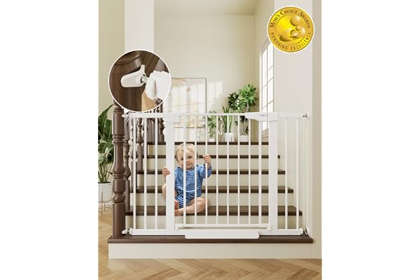 Cumbor 30-46" Baby Gate for Stairs, Auto Close Dog Gate for Doorways White | Toddler Safety Essentials for the House, Mom's Choice Awards Winner-Easy Install Pressure/Hardware Mounted Pet Gate for Dogs