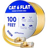 Maximm Cat6 Ethernet Cable 100ft, Flat, Yellow, Snagless RJ45 | Backward compatible with Cat5 and Cat5e networks, connects routers, modems, NAS drives, gaming consoles, and smart TVs