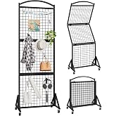 CHOEZON Foldable Grid Wall Panel 1.9' x 5.6' FT, Movable Gridwall Display Rack, Wire Grid Rack on Wheels, Retail Display Stand, with 4 S-Shaped Hooks and 4 Garment Hooks, Black TCJ37BB