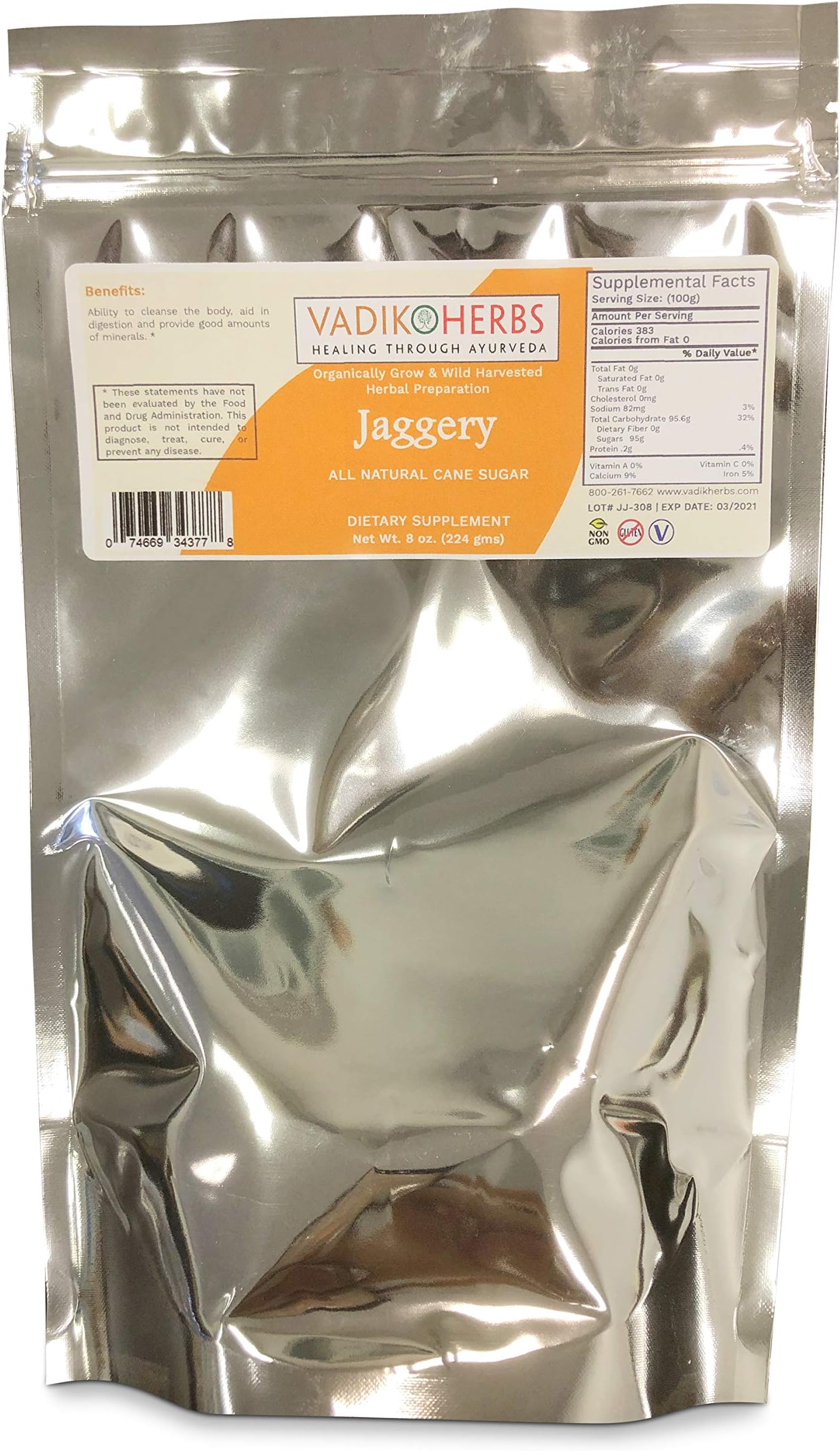 Vadik Herbs Jaggery (Sugar Cane Sugar, Gur) 8oz. | Premium Quality, Ships from California | Ability to Detox and Cleanse The Body, Natural Sugar Substitute