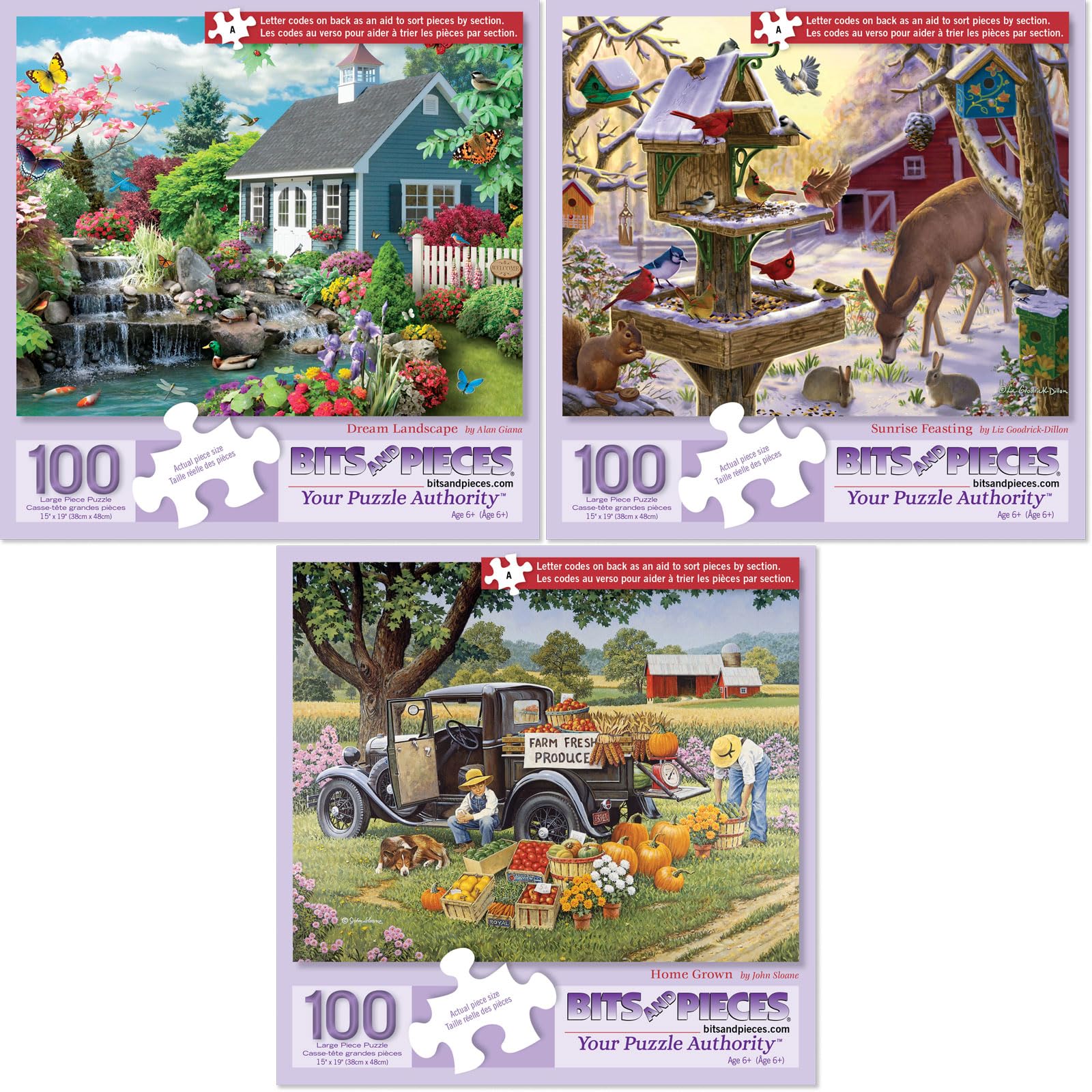 View 1 of *MISSING PARTS UNKNOWN*
Bits and Pieces – Set of Three Jigsaw Puzzles for Adults – 100 Piece and 50 Piece Options – Landscape, Home, Sunrise – Large Pieces for Seniors – 15" x 19" Each