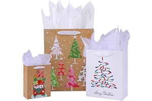 SUNCOLOR Christmas Gift Bags with Tissue Paper, 9 Pack Assorted Sizes, Holiday Theme Designs, Large 13x10.2, Medium 9x7, Small 6.3x4.7 inches