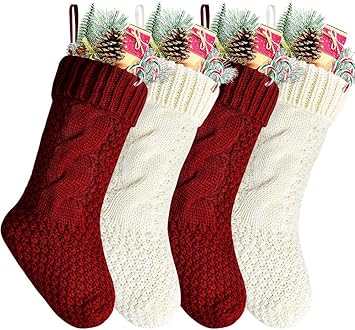 Kunyida Pack 4 Unique Burgundy And Ivory White Knit Christmas Stockings 14