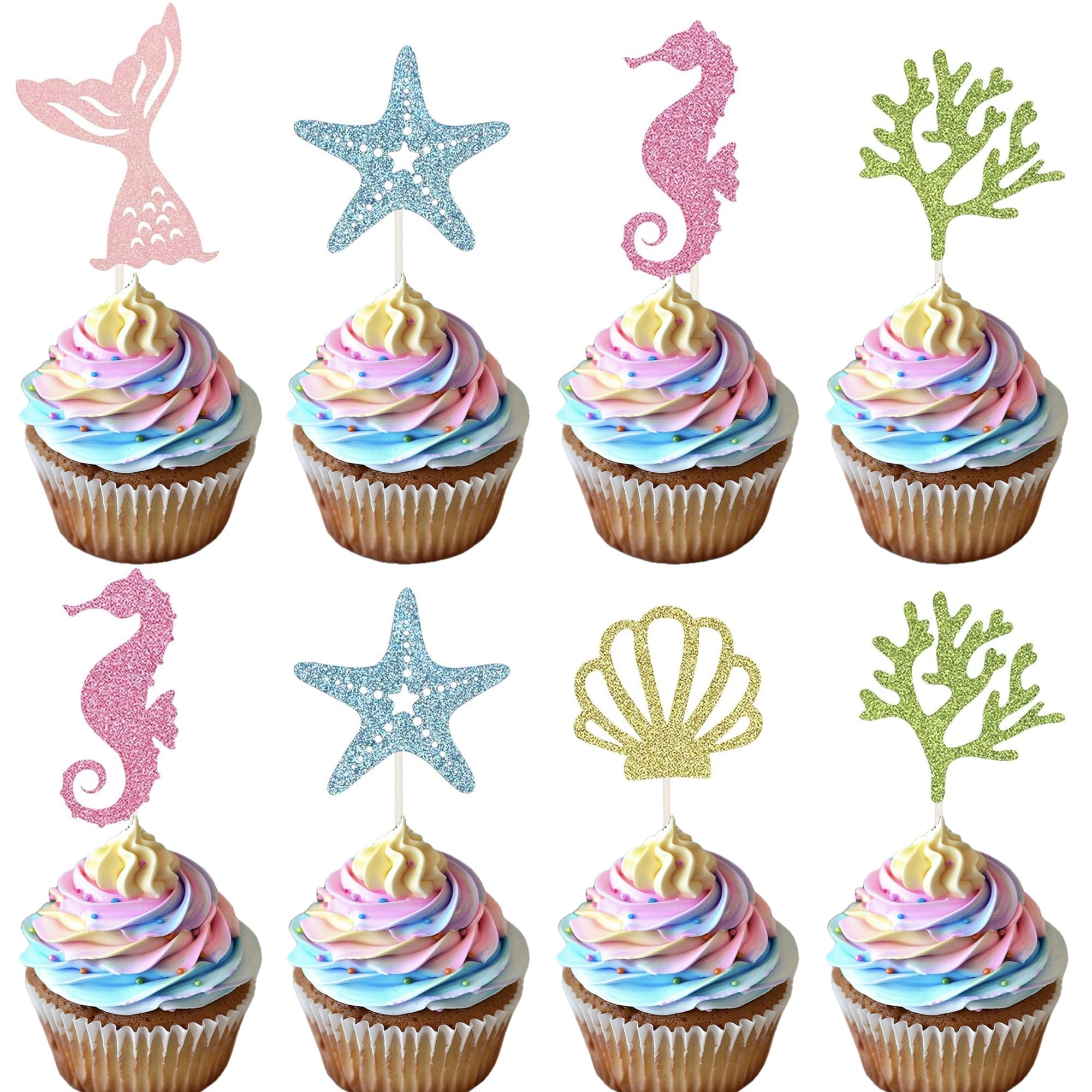 SYKYCTCY 30 Pack Mermaid Cupcake Toppers with Glitter Shell Seahorse Starfish Mermaid Tail Cupcake Picks for Baby Shower Under The Sea Party to be Used as Under Party Cake Decorations Supplies