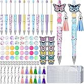 Qeeenar 130 Pcs Beadable Pens Kit Butterfly Bead Plastic Ballpoint Pen with Assorted Spacer Silicone Bead Tassel Lobster Clasp and Packaging Bag for Keychain Making Office Friends Gift Black Ink