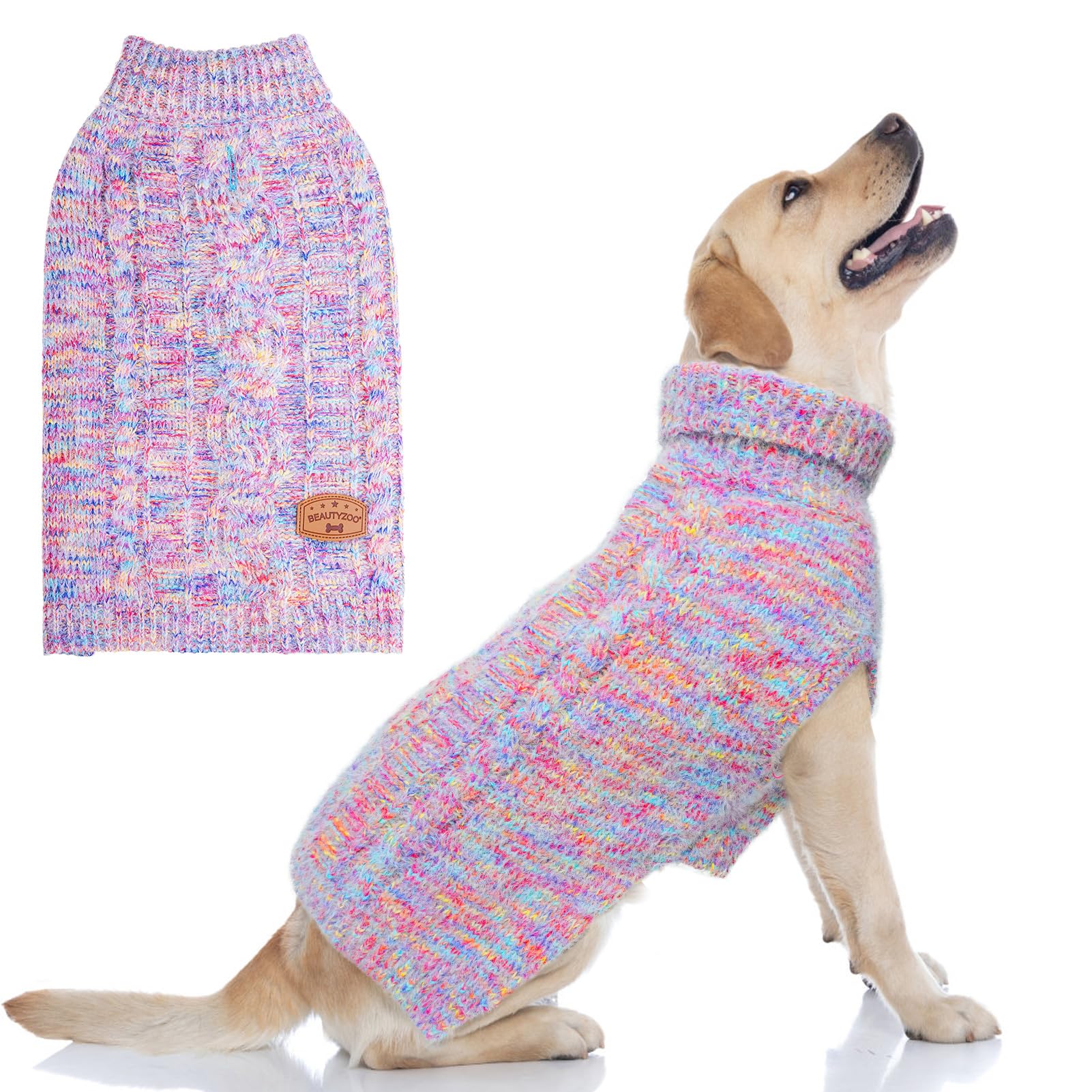 BEAUTYZOO Small Dog Jumper -Turtleneck Pullover Puppy Sweater Classic Cable Knit Fuzzy Winter Coat Dog Cold Weather Clothes for Small Medium Dogs Girl Boys(Rainbow Pink, M/L)