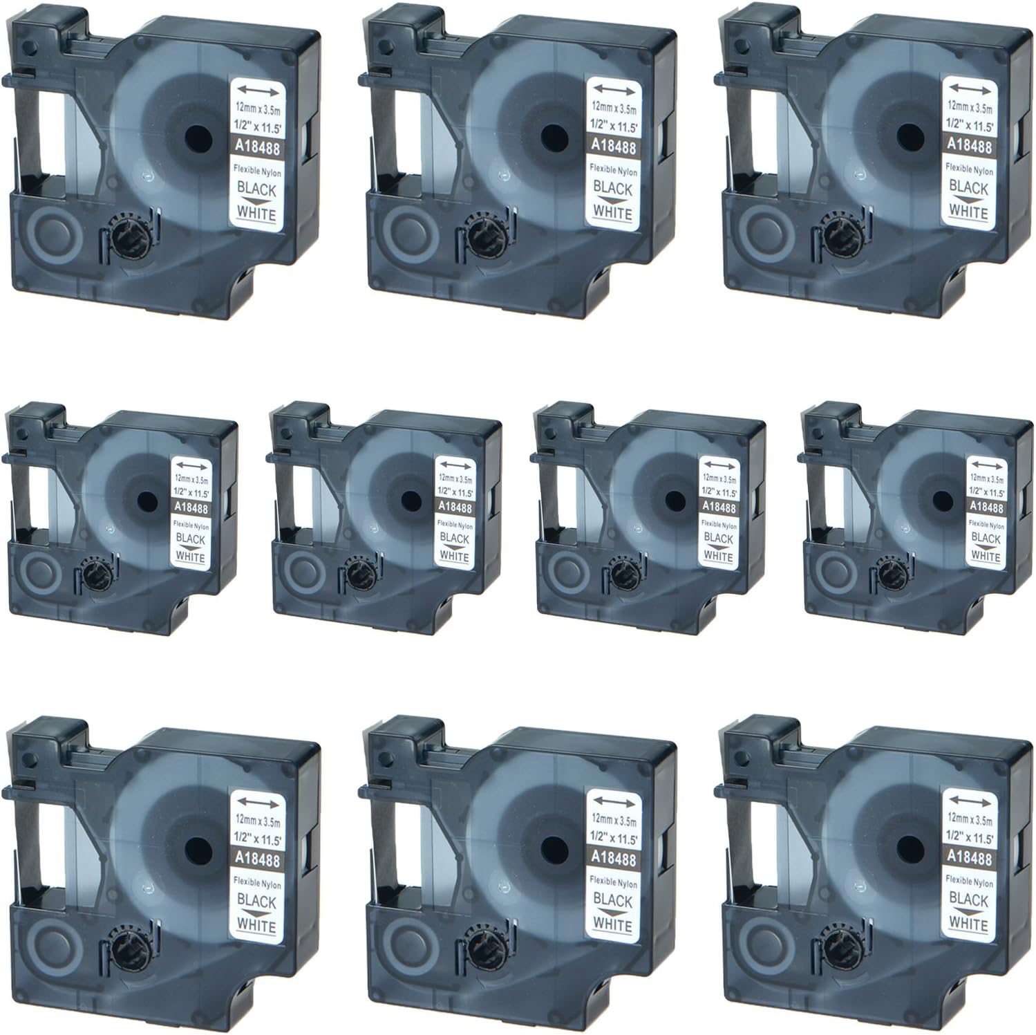 10 Pack Label Tape Compatible for Dymo 18488 Black on White 1/2'' 12mm x 11.5ft 3.5m Industrial Flexible Nylon Wires Tapes Work in Rhino 1000 3000 4200 5200 6000 3M PL200 PL300 Label Maker
