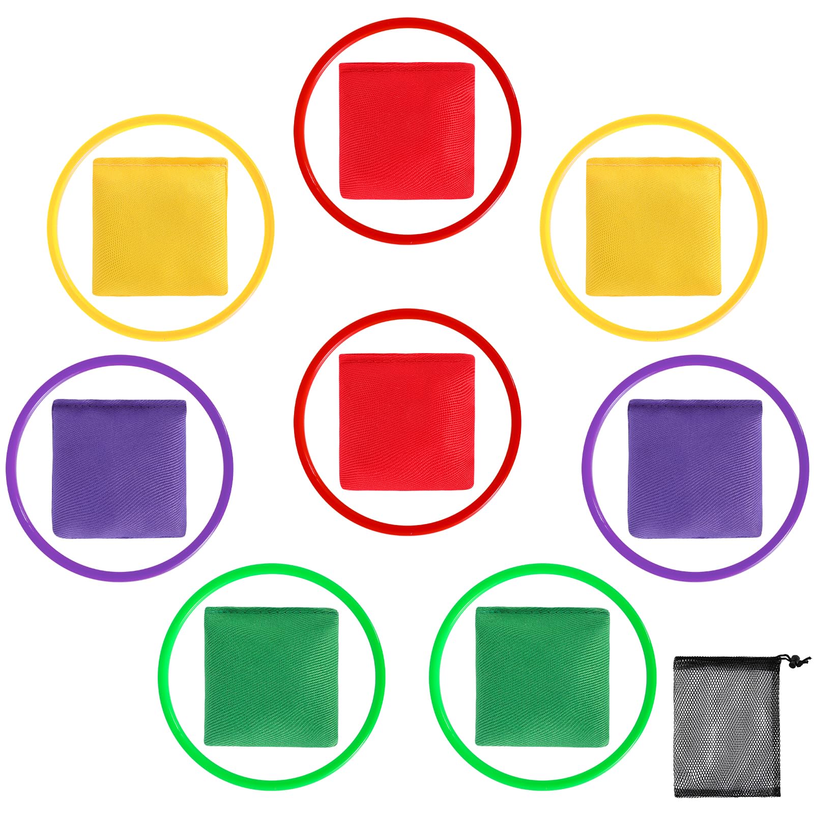 17Pcs Colorful Bean Bags and Plastic Rings Set, Speed and Agility Training Ring Game, Hand Eye Coordination Bean Bag Game with Net Bag, Throwing Carnival Favor Party Supplies for Indoor Outdoor