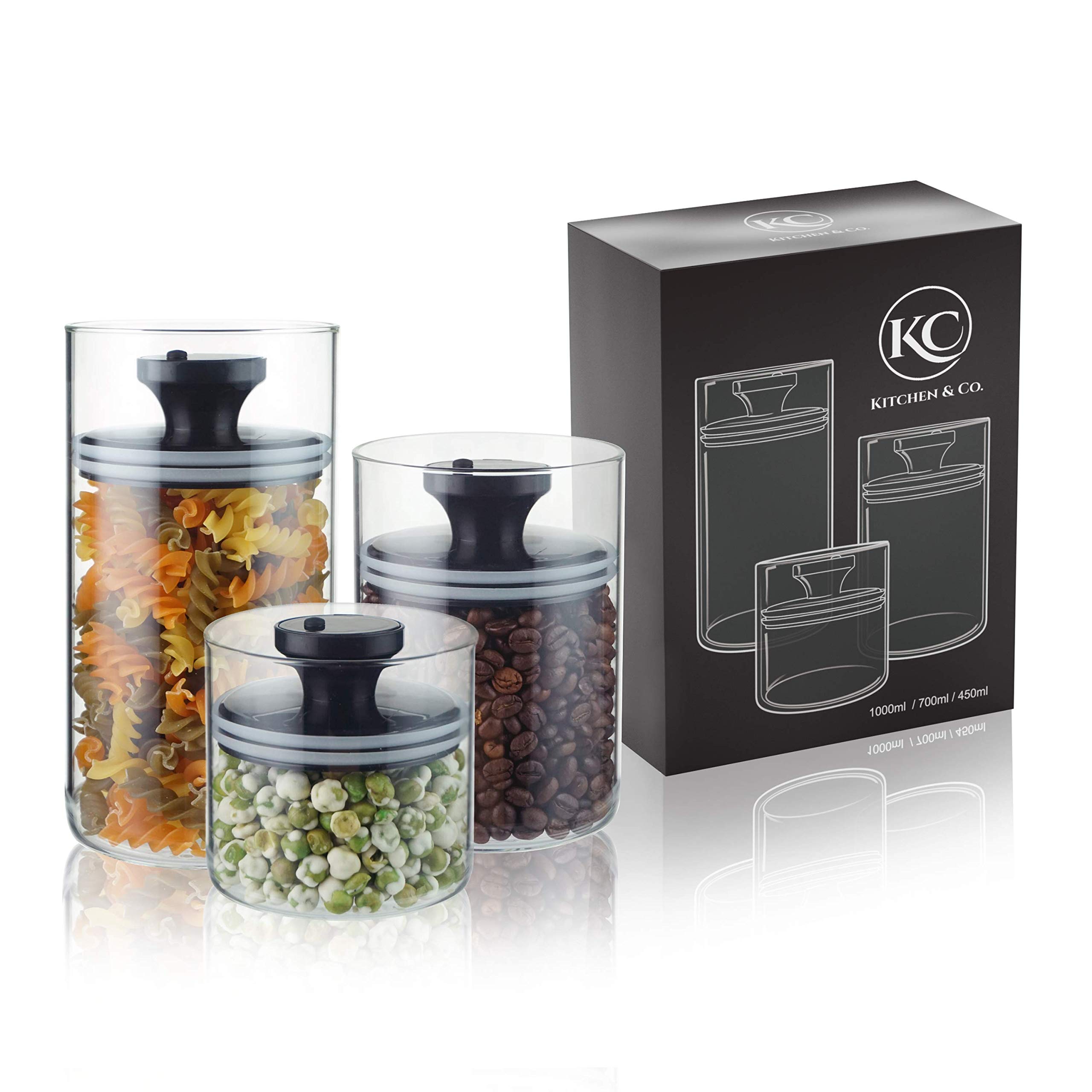 Kitchen&Co. Storage Jars with Vacuum Lid, Airtight Storage, Storage Jar with Lid, Mothproof Jars, Glass Coffee Canister, BPA-, Borosilicate Glass Container