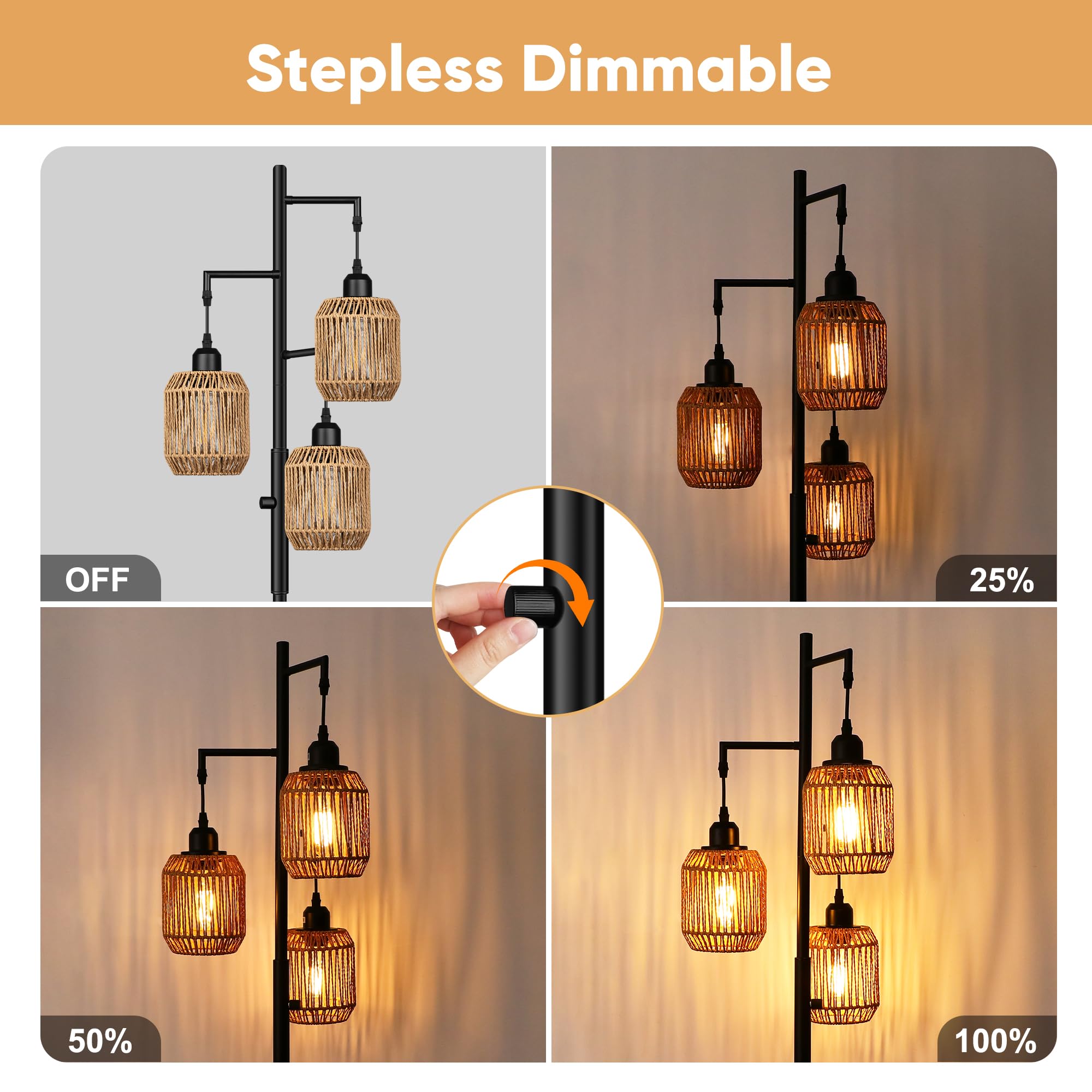 ROTTOGOON Dimmable Boho Floor Lamp - 3 Light Farmhouse Rattan Floor Lamp for Living Room, Industrial Tree Floor Lamps with 3 X 6W LED Bulbs, Rustic Standing Tall Lamp for Bedroom, Office, 68