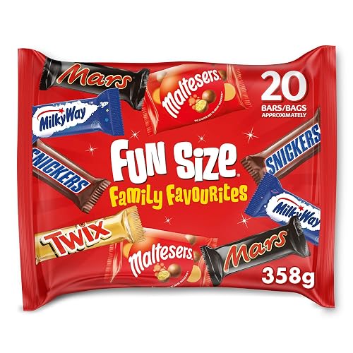 Mars, Maltesers and more, Variety Funsize Chocolate Bars Bulk Pack (Mars, Twix, Snickers, MilkyWay & Maltesers), Milk Chocolate, Caramel, Peanut, Sweets Gift Box (358g)
