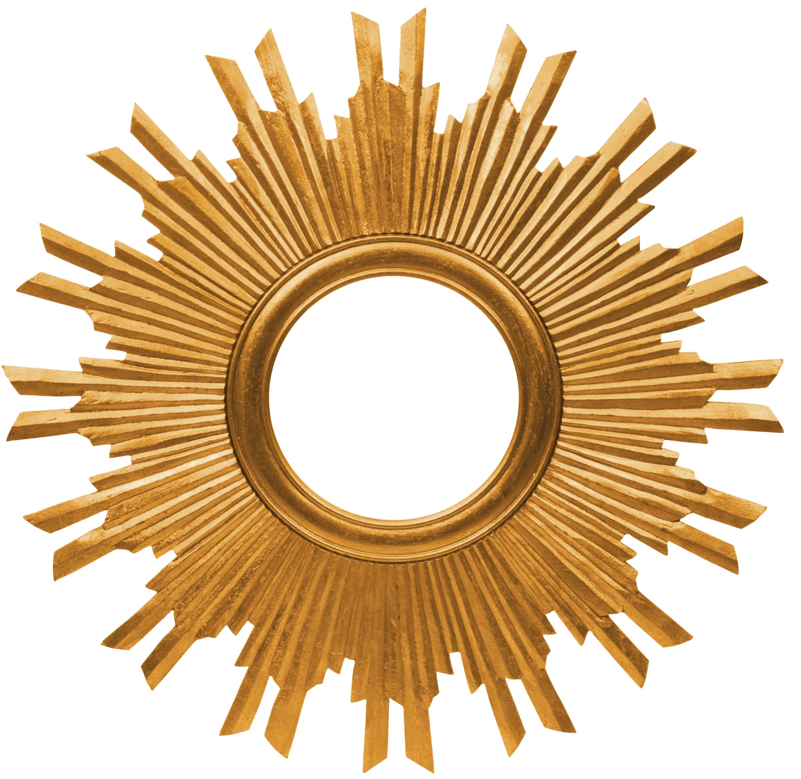Photo 1 of Carved Wooden Sunburst Wall Mirror – 35.5" Round Decorative Wall Art with Gold Foil Finish, Large Wall-Mounted Accent for Living Room, Bedroom, or Entryway