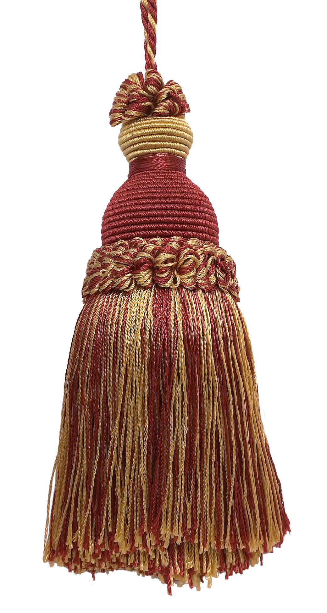 DÉCOPRO Beautiful Hand-crafted 12.5cm (5") Key Tassel, 8.5cm (3 1/2") Loop, IKTJ, Burgundy Gold # 1253 (Carmine Red, Yellow Gold, Dark Red) Individually Sold