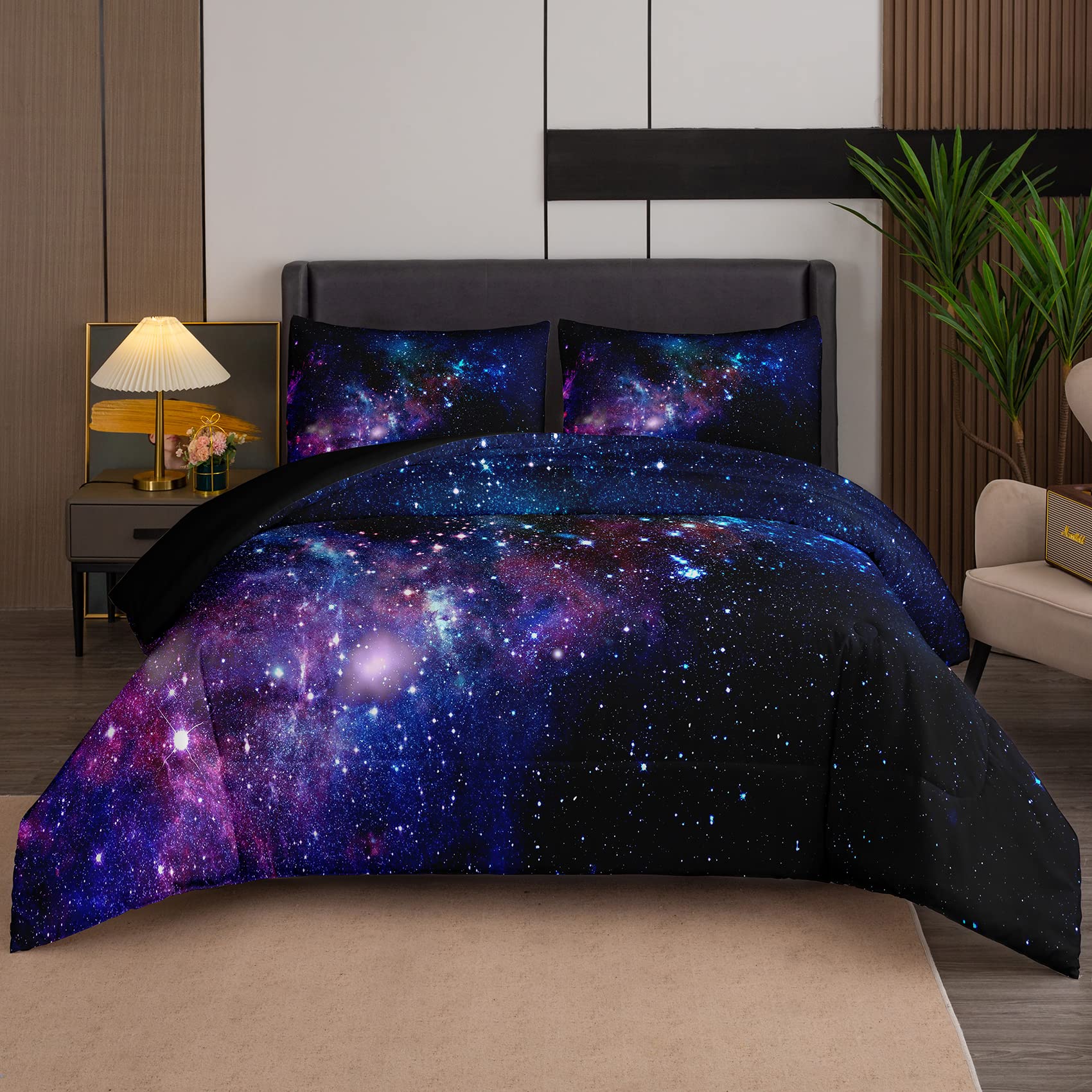 Tailor Shop Galaxy Comforter Set Universe Outer Space Blue and Purple Starry Sky Night Pattern Bedding Set for Girls Boys Kids Queen Size with 1 Comforter 2 Pillowcases…… Image