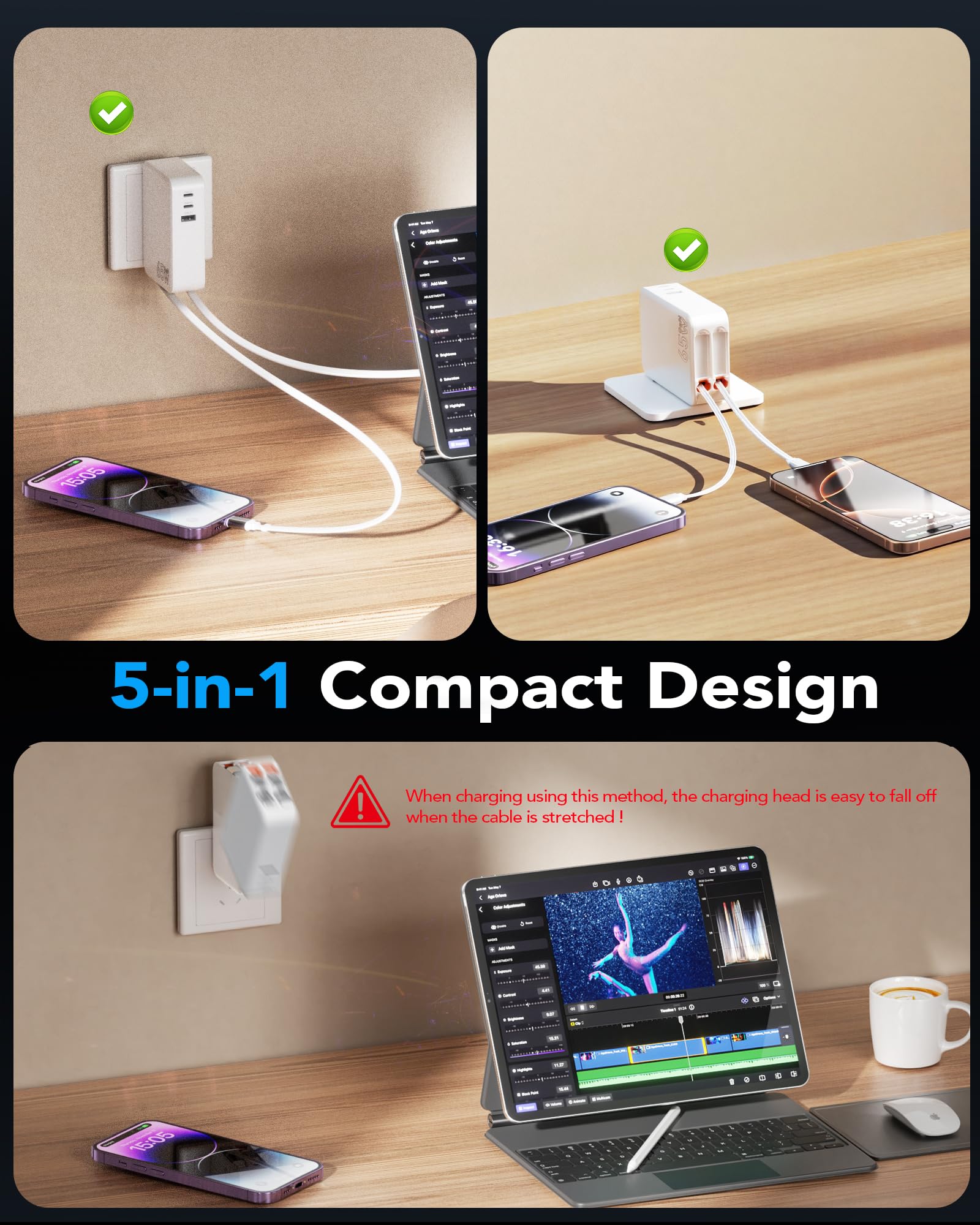 5 in 1 USB C Einziehbares Ladegerät 65W 3 Port Netzteil Retratable Charger 6