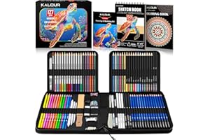 KALOUR PDAS 127-Piece Drawing Set, Professional Sketching Kit with 3-Color Sketchbook & Coloring Book, Neon, Watercolor, Meta