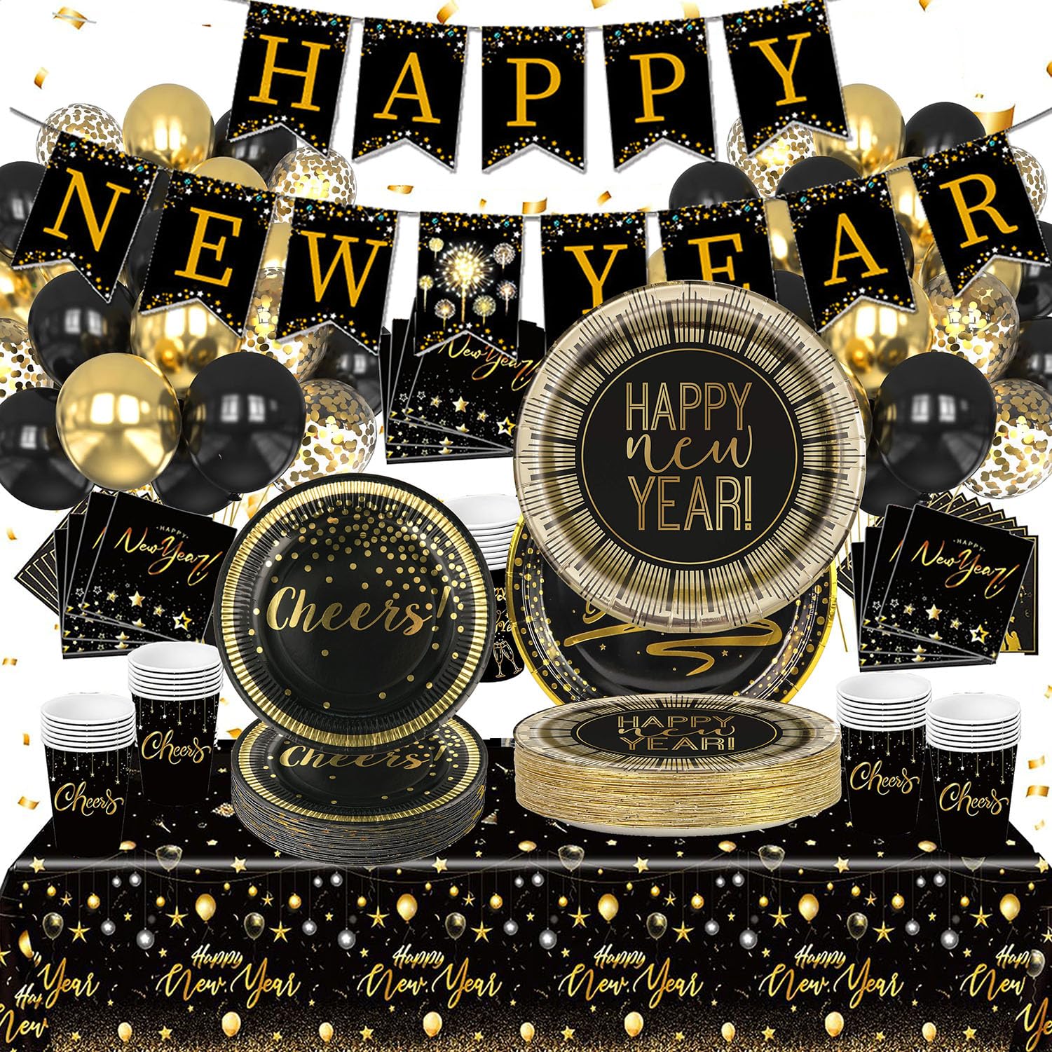Bdecoll 128 Pcs Reusable New Year Party Tableware Kit, 2026 Happy New Year Paper Plates Napkins set,Black Gold Balloons,NYE Tableware Party Accessories