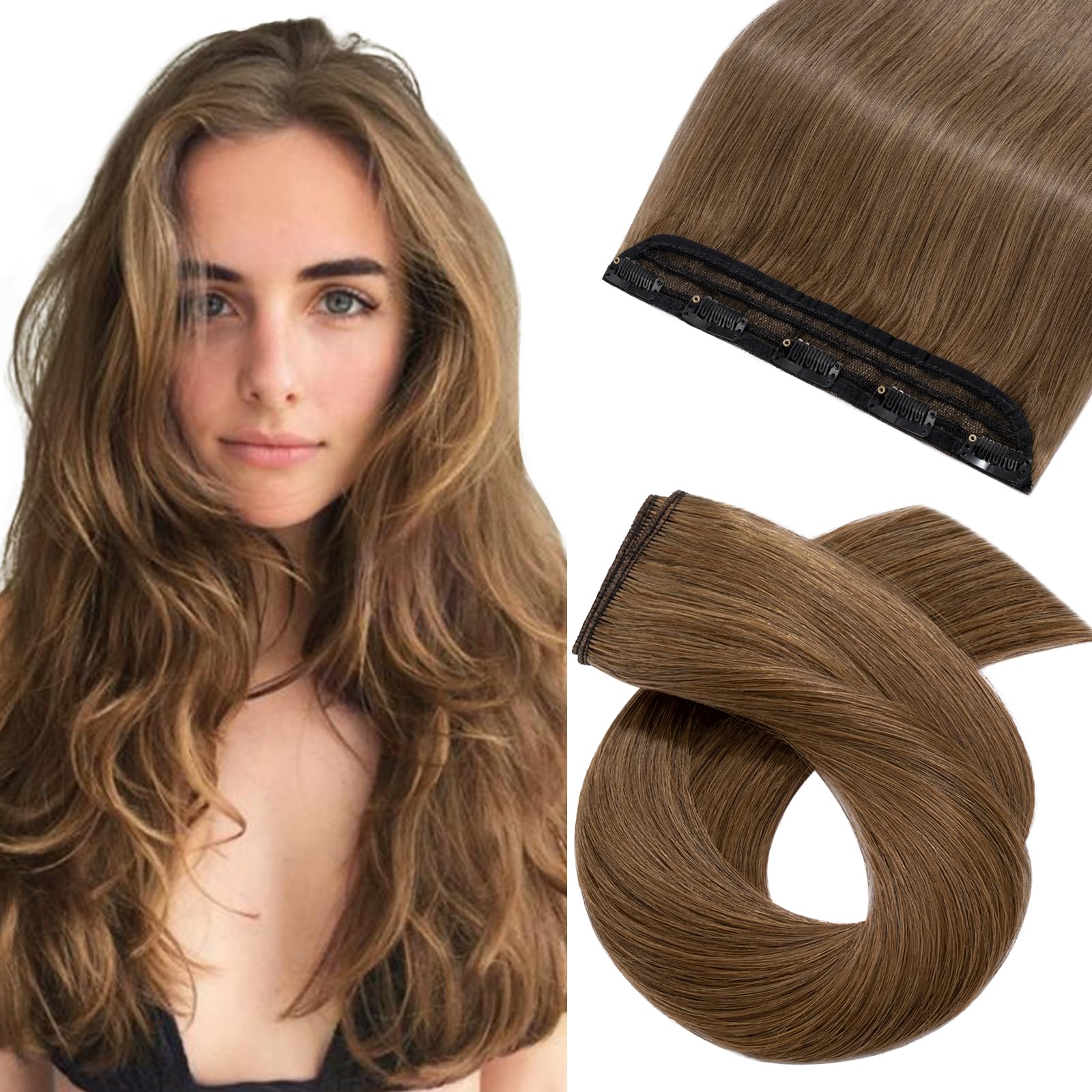 Silk-co 24"-60g One Piece Clip on Hair Extensions Seamless Clip in Hair Extensions #06 Light Brown Real Remy Human Hair Extension 3/4 Half Head Natural Straight