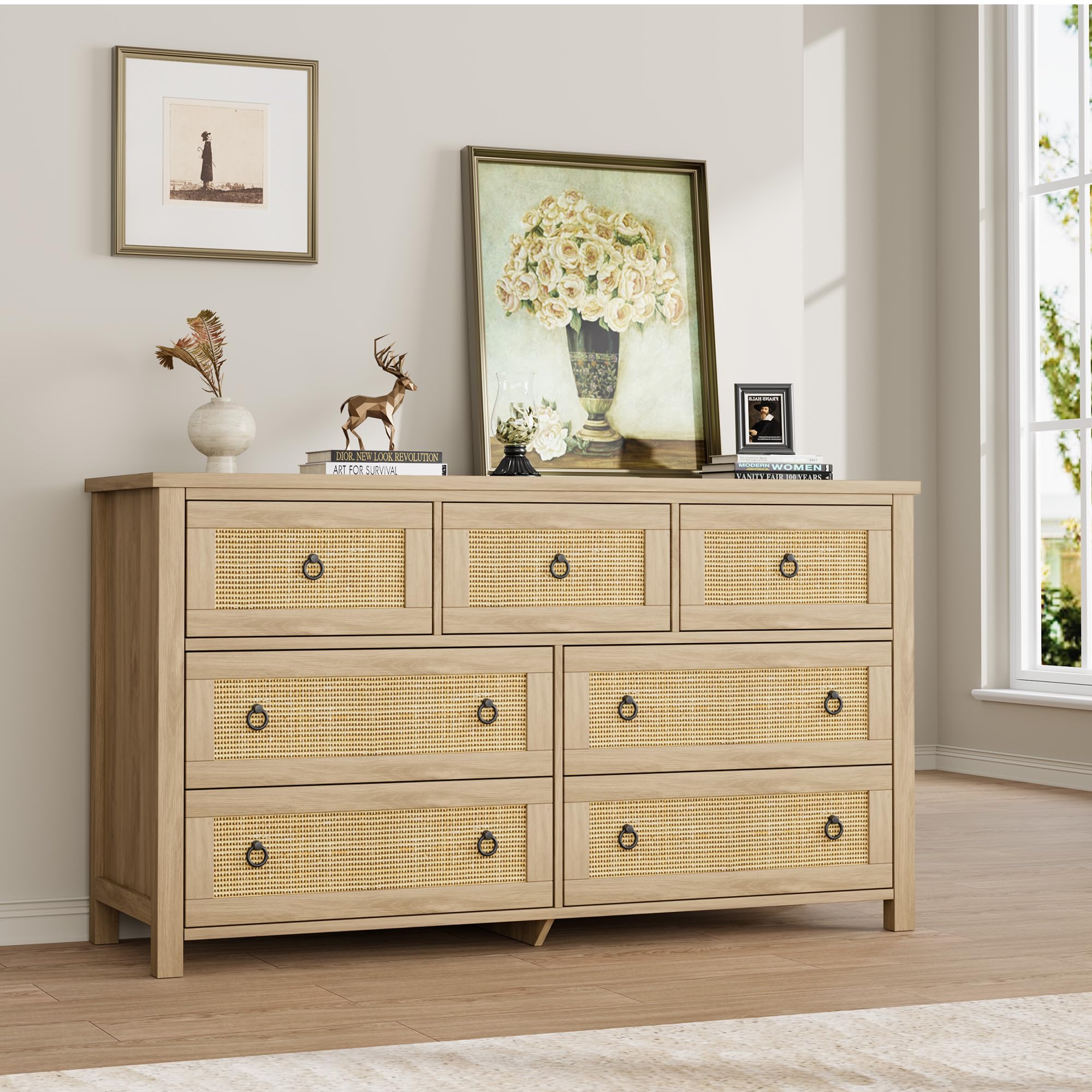 GarveeHome Rattan 7 Dresser for Bedroom, 47.2" Wide Dresser, Boho Wide ...