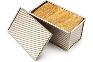 monfish Pullman Loaf Pan w Cover Bread Toast Mold corrugated loaf Pan w lid 1lb dough Alluminumed Steel Non Stick Gold (8.5X4.75X4.375INCH)