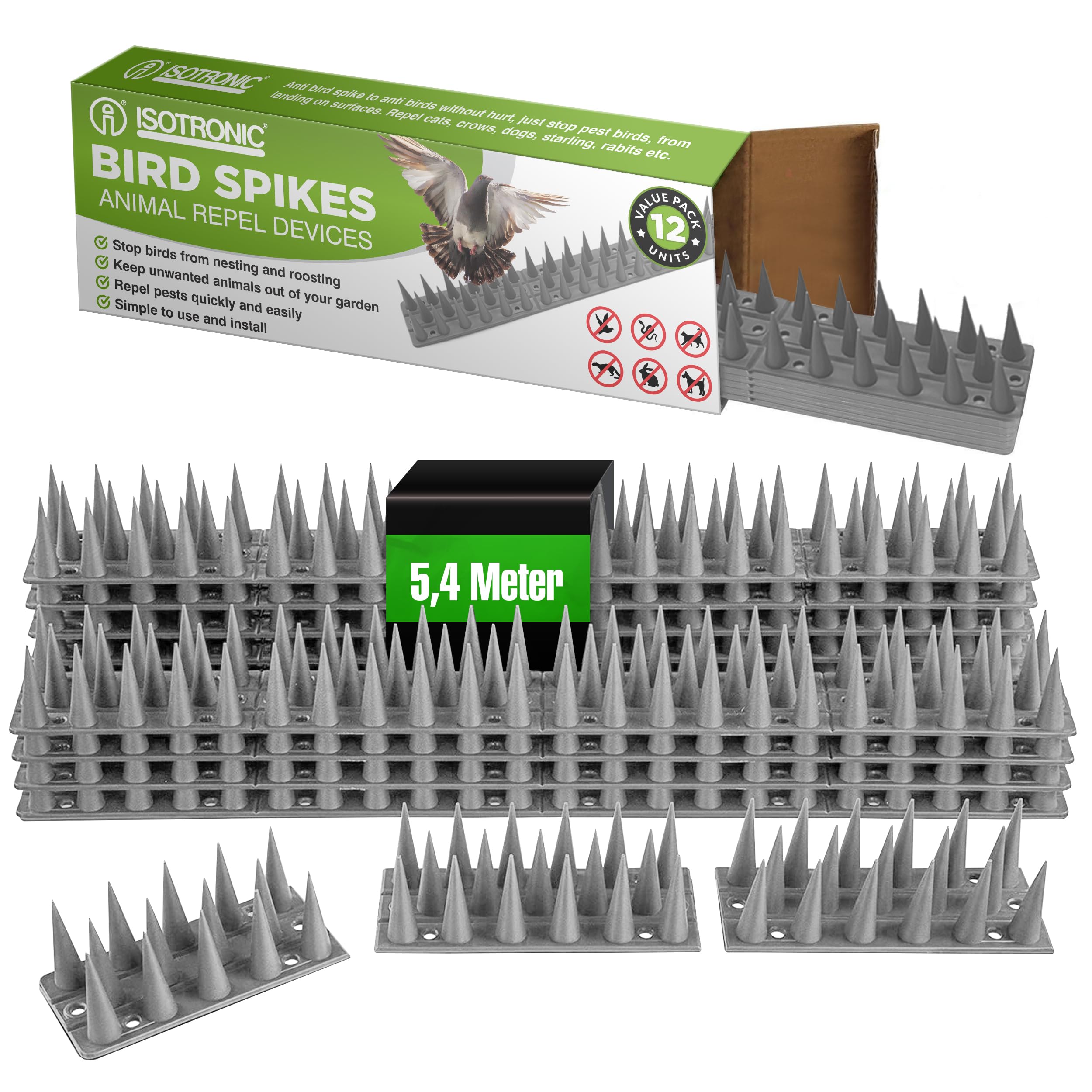 ISOTRONIC Bird Repellent Spikes - Pigeon Scarer for Repelling Birds, Pigeons, Cats & Martens, Pigeon Repellent for Fence, Windowsill, Roof, Tree & Garden (5.4 m, 12 Pieces, Grey)