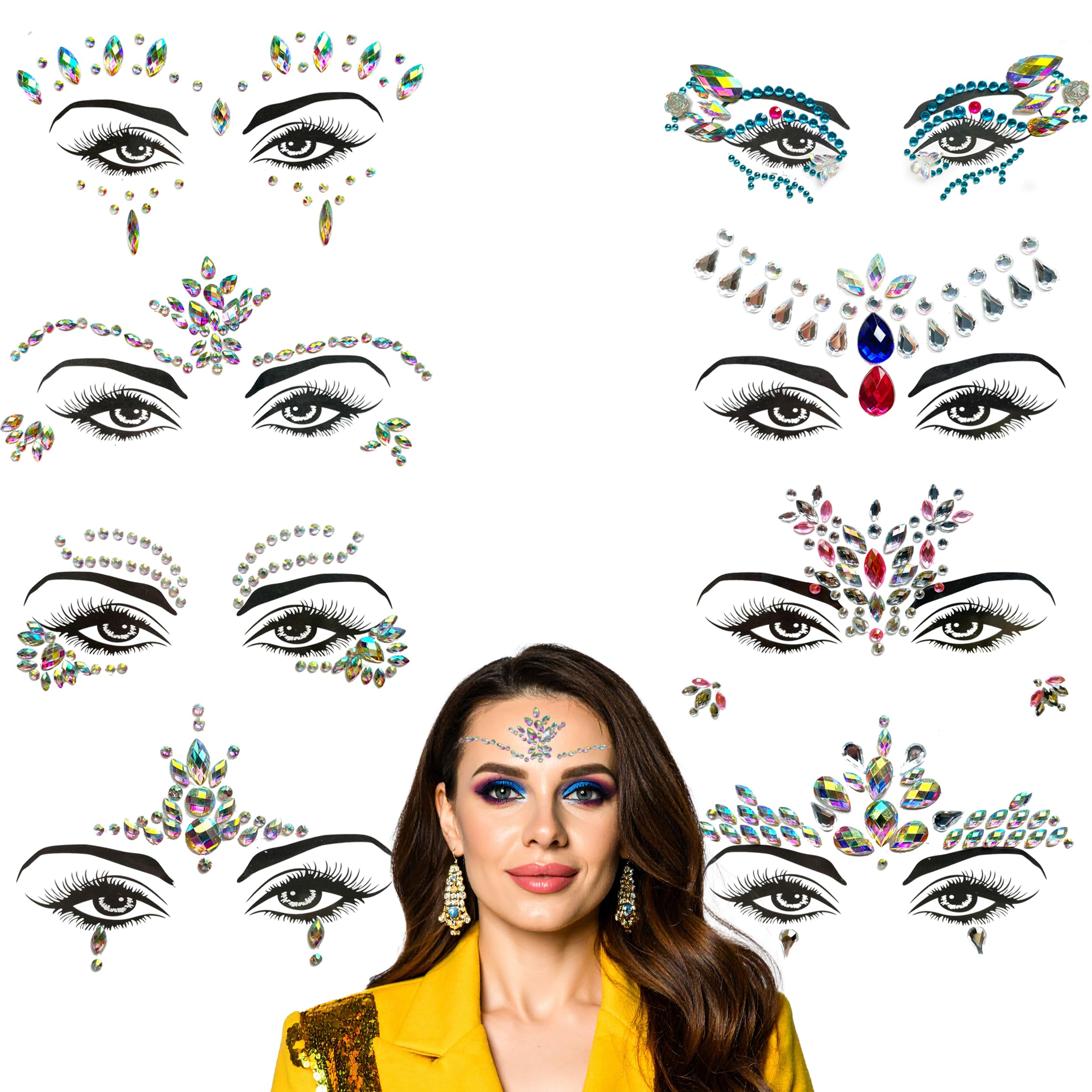 Face Gems (8 Pack), Gems for Parties, Halloween & Festivals, Stick-on Face Crystal Jewels for Adults & Kids by unel