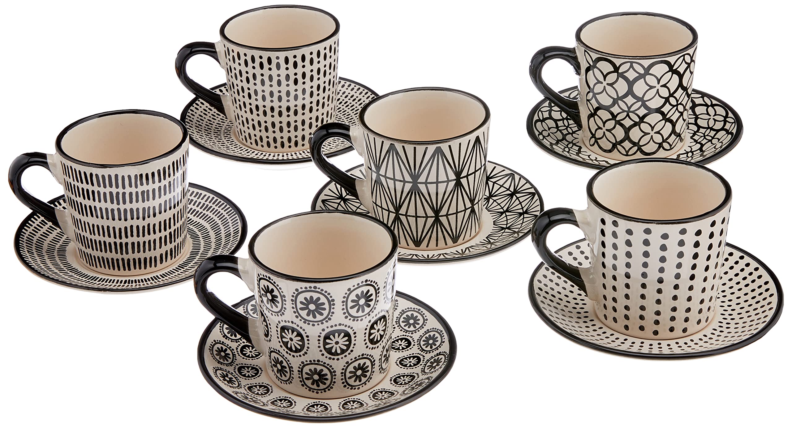 H+H Set of 6 Coffee Cups STW Decoration Black China 90 cc White
