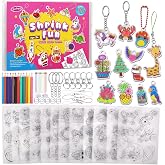 Funtopia Shrinking Art Sheets Kits for Kids, 75 Pre-Cut Keychain Making Kit | 12 Themes Shrink Paper Craft, DIY Shrink Art Plastic Sheets with Charms and Keychains Accessories