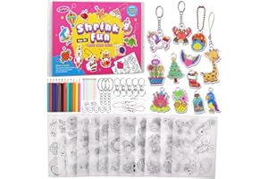 Shrinky Dink Sheets Kits for Kids, Funtopia 75 Pre-Cut Shrink Paper Craft Keychain Making Kit, 12 Themes DIY Shrink Art Plast