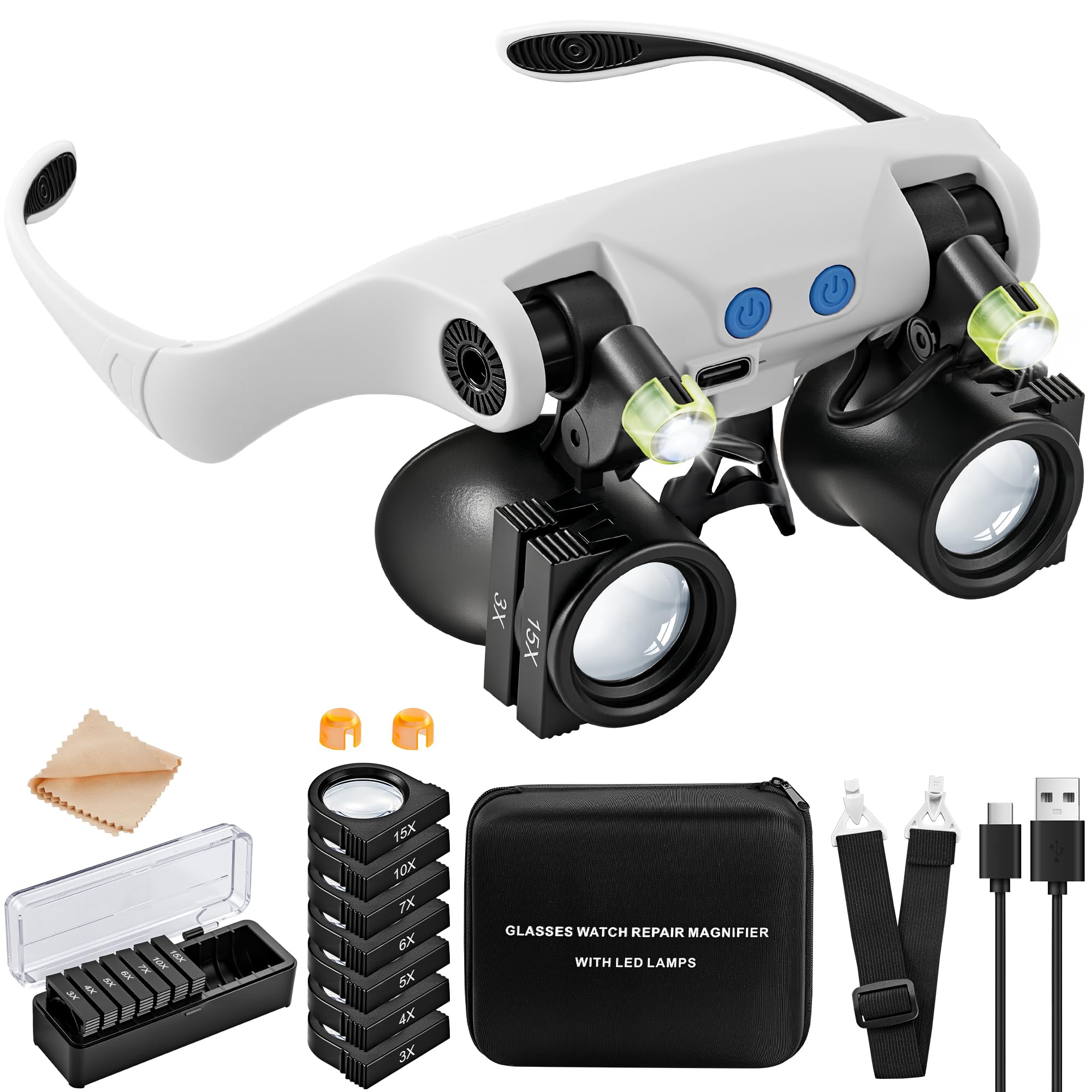Photo 1 of JARLINK Magnifying Glasses with LED Light, Hands Free Magnifier with 14 Interchangeable Lenses 3X 4X 5X 6X 7X 10X 15X, Magnifying Glasses for Close Work, Crafts, Jewelry, Sewing, Electronics Repair