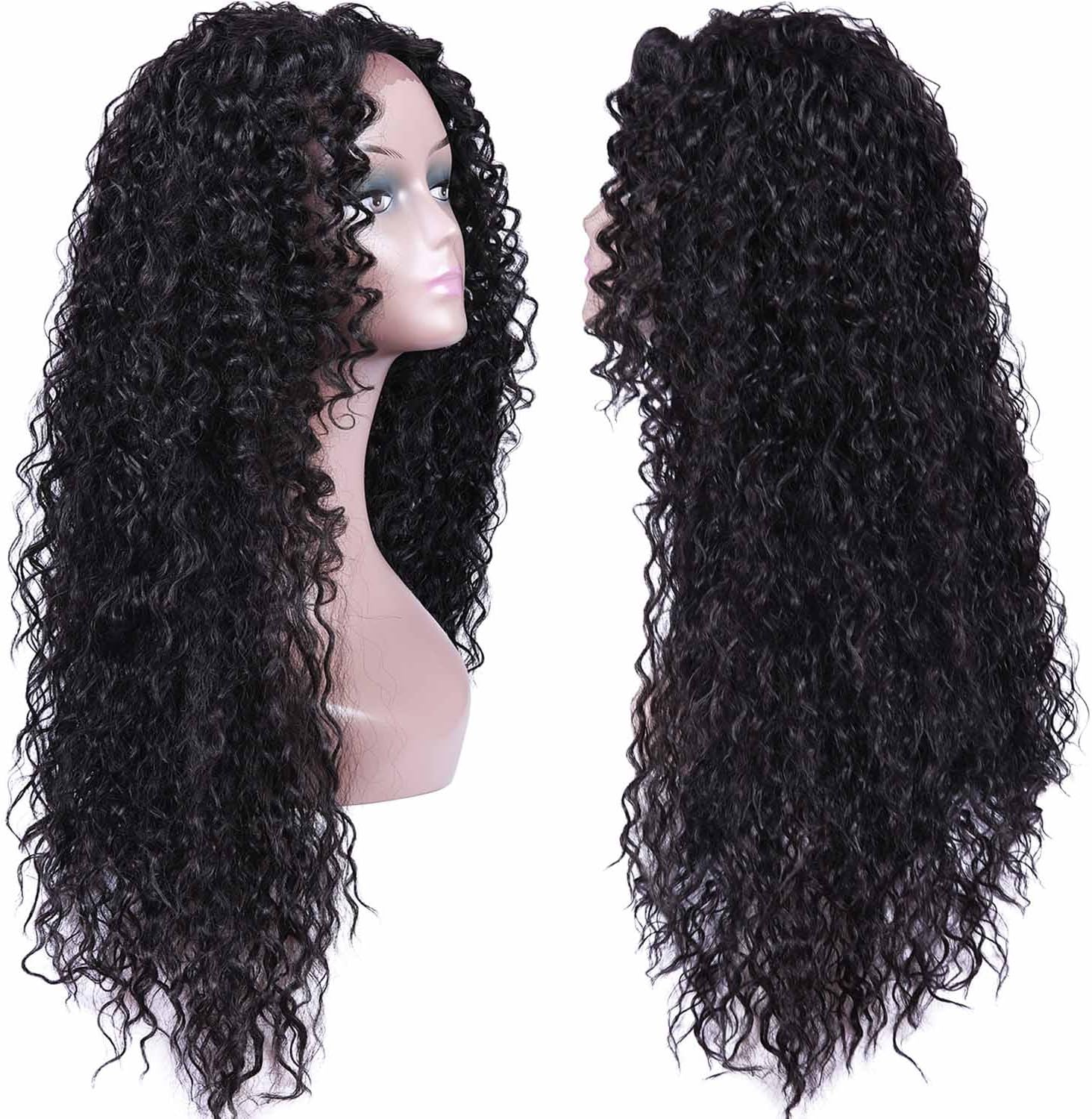 Armmu 30" Natural Black Lace Front Wigs, Glueless Long Loose Fluffy Curly Synthetic Wig for Women, Natural Looking No Part -#1B