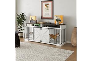 Aoowow Large Double Dog Crate Furniture 72.4" Indoor Dog Kennel with Sliding Barn Door and Divider,Heavy Duty Dog Crate Wooden TV Stand Dog Cage with 2 Open Shelves for Small Medium Large Dogs,White