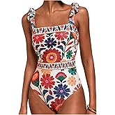 Floerns Women's One Piece Swimsuit Floral Bow Tie Shoulder Tummy Control Bathing Suit