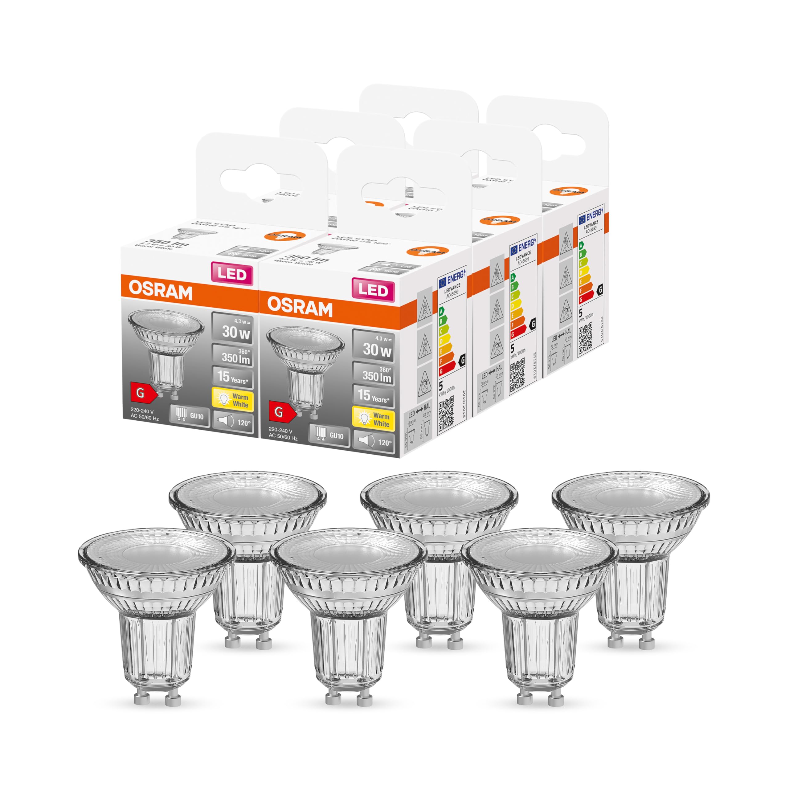 OSRAM PAR16 LED Reflector lamp with GU10 Base, Warm White (2700K), Glass spot, 4.3W, Replacement for 50W Reflector lamp, LED Star PAR16, 6-Pack
