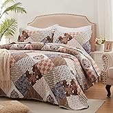 Full/Queen Size Quilt Set 3 Pieces Lightweight Reversible Bedspread-90''x98'' Soft Patchwork Floral Coverlet Luxurious Warm Microfiber Bed Cover All Seasons Brown Bedding Set(1 Quilt,2 Pillow Shams)