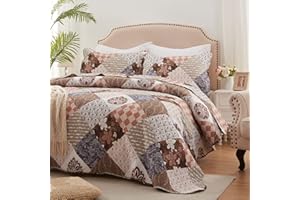 LEAONME Full/Queen Size Quilt Set 3 Pieces Lightweight Reversible Bedspread-90''x98'' Soft Patchwork Floral Coverlet Luxurious Warm Microfiber Bed Cover All Seasons Brown Bedding Set(1 Quilt,2 Pillow Shams)
