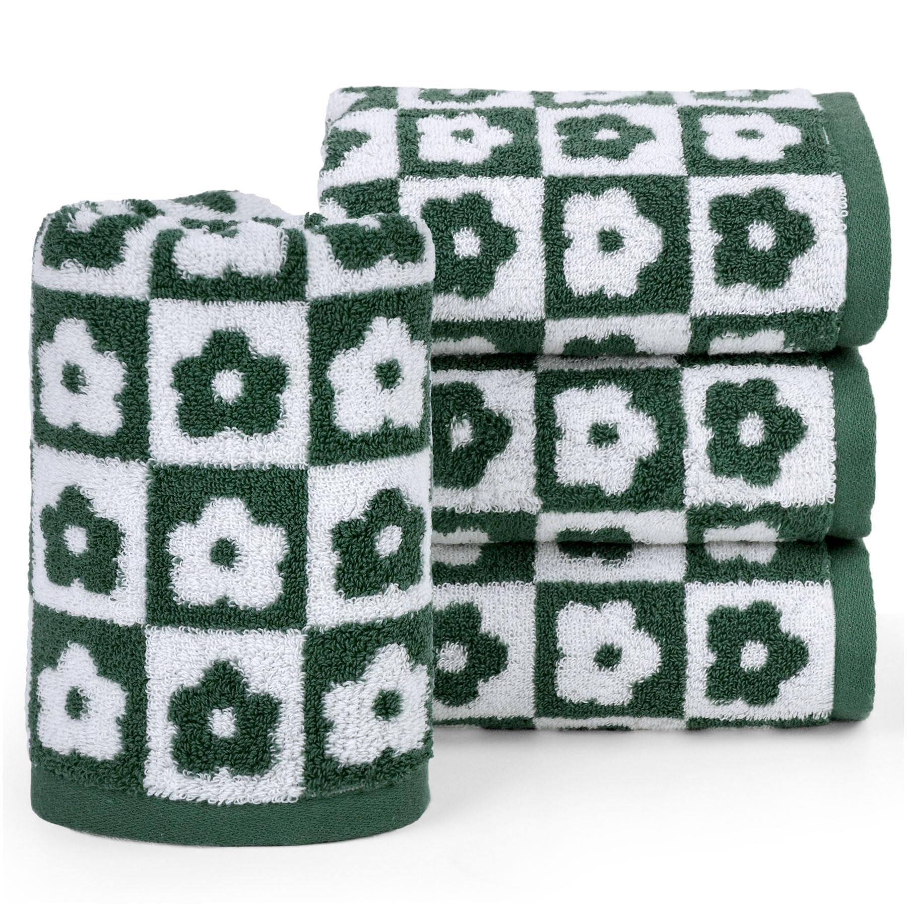 Photo 1 of Jacquotha Hand Towels for Bathroom Checkered Floral - Set of 4 Soft Cotton Terry Towels for Kitchen Decor Spa Gym 13” x 29”, Forest Green, Farmhouse & Retro