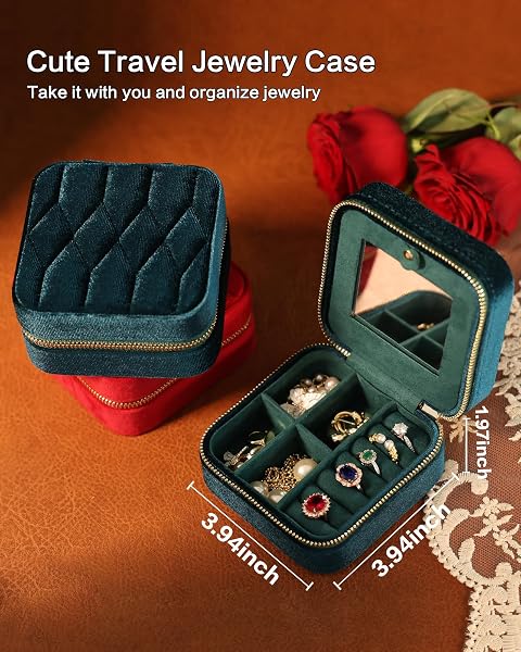 VIDIFINA TRAVEL JEWELRY BOX WITH MIRROR – TEAL BLUE VELVET ORGANIZER ADJUSTABLE COMPARTMENTS FOR NECKLACES, RINGS | PORTABLE LUXURY TRAVEL JEWELRY CASE FOR WOMEN, GIFT-WORTHY DESIGN