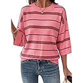 Dokotoo Womens Sweaters Spring Summer Oversized 3/4 Sleeve Striped Crewneck Casual Lightweight Knit Pullover Sweater Tops