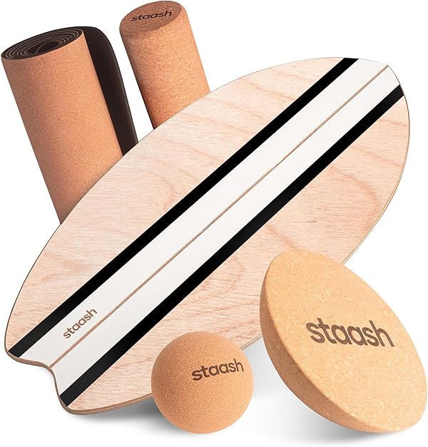 STAASH® PRO Balance Board - Premium Birkenholz mit 5 Trainings-Modulen | Komplettset für Core, Balance & Reha