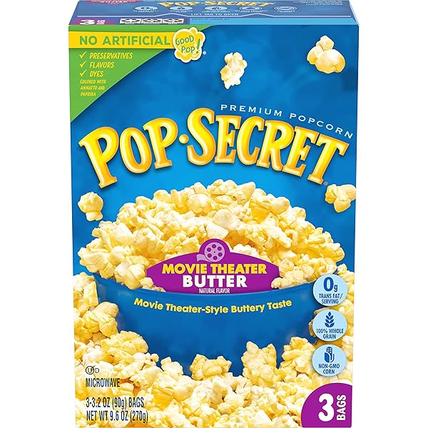 POP SECRET POPCORN, MOVIE THEATER BUTTER, MICROWAVE POPCORN BAGS, 3 COUNT BOX