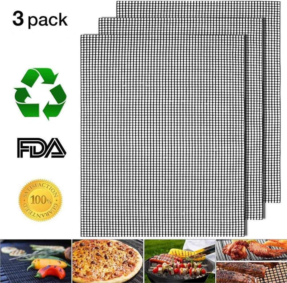 3Pcs BBQ Grill Mesh Mat - 3 Set ReusableTeflon Barbecue Net Pad | Grid Shape Cooking Mat Easy to Clean, Non-Stick, Heat Resistant, FDA-Approved, Perfect for Grilled Vegetables Fish Beef Shrimp