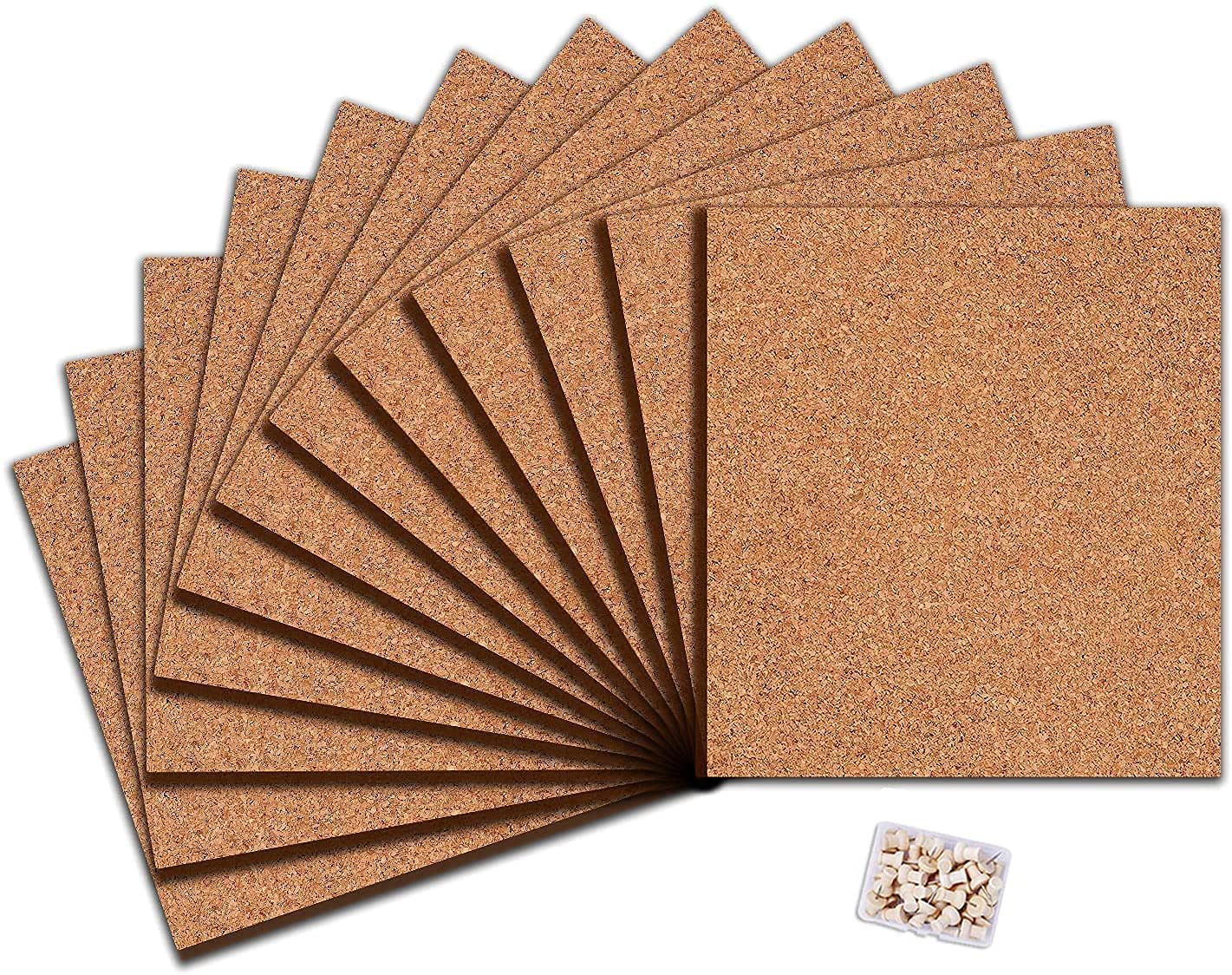 Square Cork Board Tiles with Full Sticky Back, Big Size Cork Board, Small Wall Bulletin Boards Mini Pin Board with 75 Push Pins for Pictures, Photos, Drawing Pack of 12 (30cm x 26cm x 0.6cm)