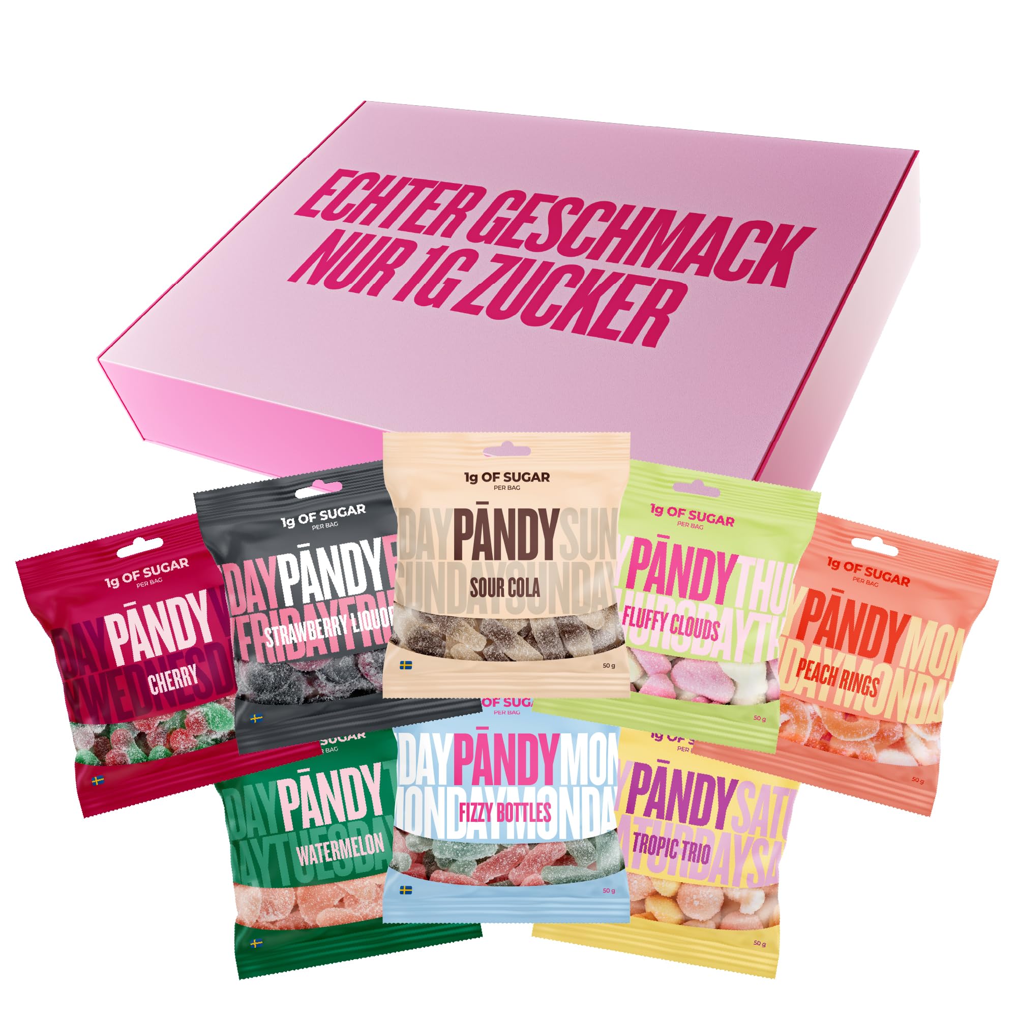 Pändy zuckerfreie Gummibärchen mit 100% Geschmack - 8x 50g Probierpaket - zuckerfreie Süssigkeiten (<1g Zucker) - glutenfreie Süßigkeiten ohne Zucker - kalorienarme, low carb, gesunde Snacks