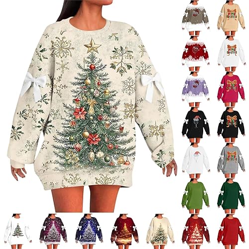 thick jumpers for women uk,Christmas Jumpers for Women UK Winter Oversized Funny Xmas Tree Printed Jumper Novelty Bow Graphic Sweatshirts Thicken Ladies Warm Fleece Tops,autumn clothes,XL 6-Khaki