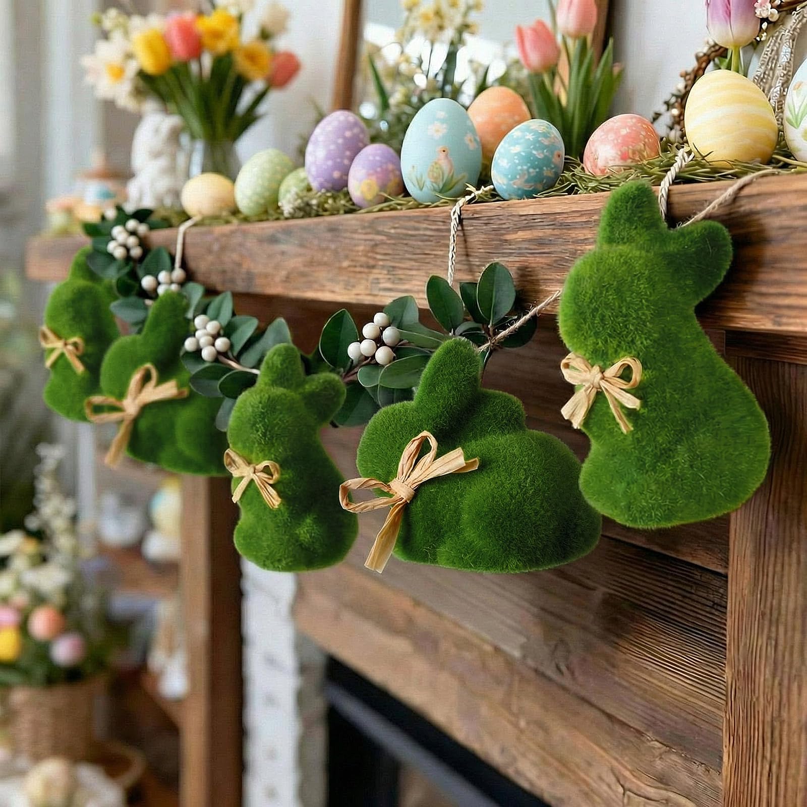Photo 1 of Suncalla 8.2ft Moss Green Easter Bunny Garland with Bow Farmhouse Rustic Spring Decor Flocked Easter Hanging Banner for Mantel Fireplace Wall Home Office Decoration